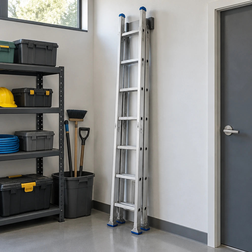 Closed Wadfow WLD8H24 aluminium extension ladder stored upright in an organised facilities equipment room.