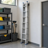 Closed Wadfow WLD8H24 aluminium extension ladder stored upright in an organised facilities equipment room.