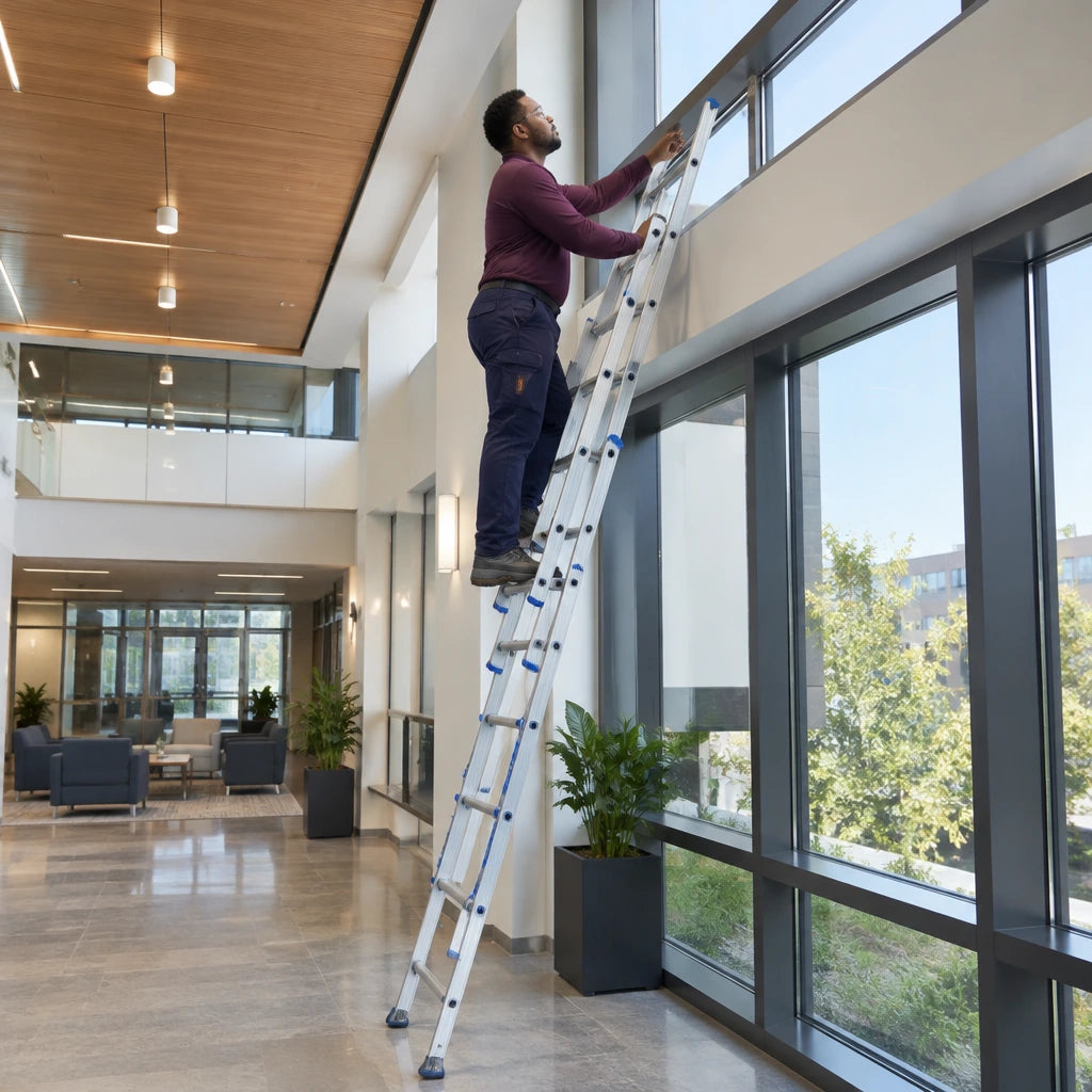Facilities technician using an extended Wadfow WLD8H24 aluminium ladder to reach a high clerestory access point.