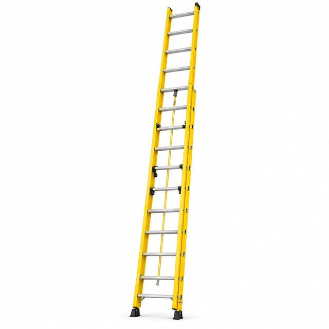 Wadfow 2 × 12-step extension ladder with yellow non-conductive rails, aluminium rungs and black feet on white background