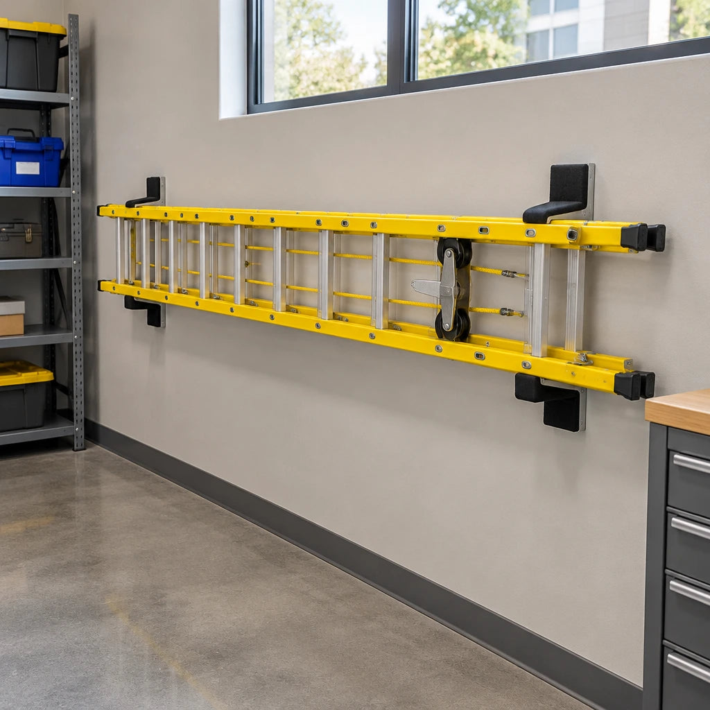 Closed Wadfow extension ladder stored horizontally in an organised commercial facilities storeroom