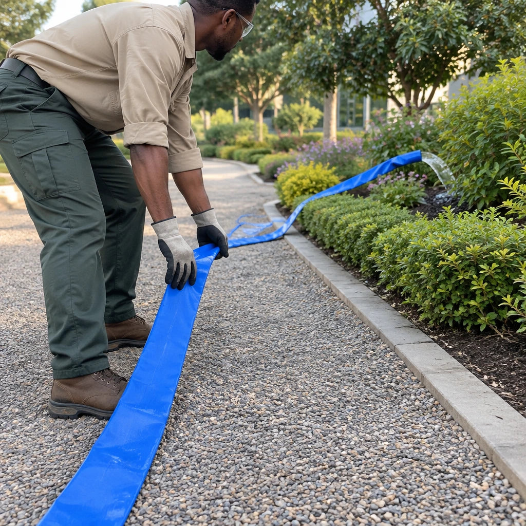 African American groundskeeper laying a Wadfow blue lay-flat hose along a landscaped planting bed