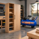 Completed timber cabinet ready for installation beside an inactive Wadfow 300L workshop air compressor