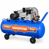 Wadfow WAP4R33 300L blue three-phase belt-driven air compressor with 5.5HP motor and wheeled tank on white background