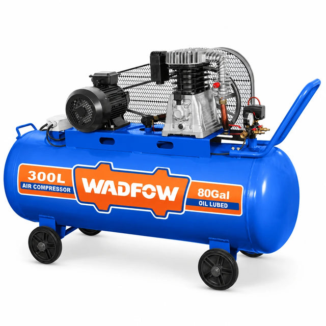 Wadfow WAP4R33 300L blue three-phase belt-driven air compressor with 5.5HP motor and wheeled tank on white background