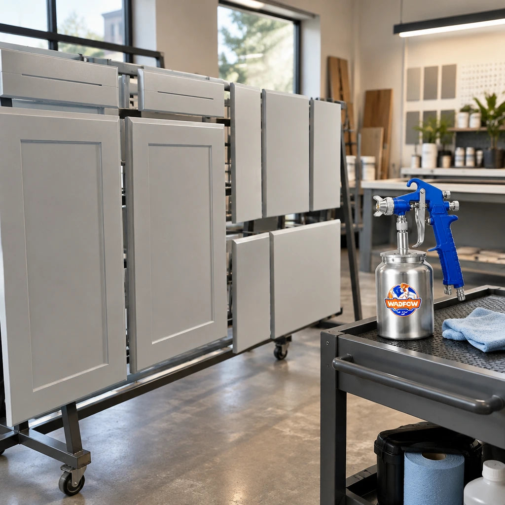 Evenly base-coated furniture panels ready for finishing with a Wadfow WGA1515 spray gun resting nearby