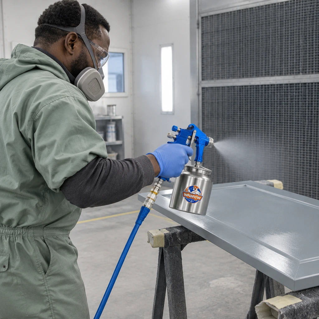 African American furniture finisher using a Wadfow WGA1515 spray gun to apply base coat to a cabinet door