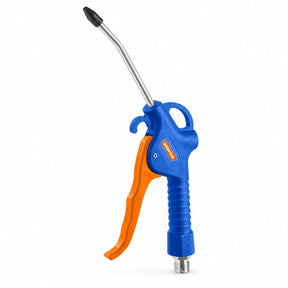 Wadfow WGA4611 blue and orange plastic air blow gun with curved 110mm metal nozzle on white background
