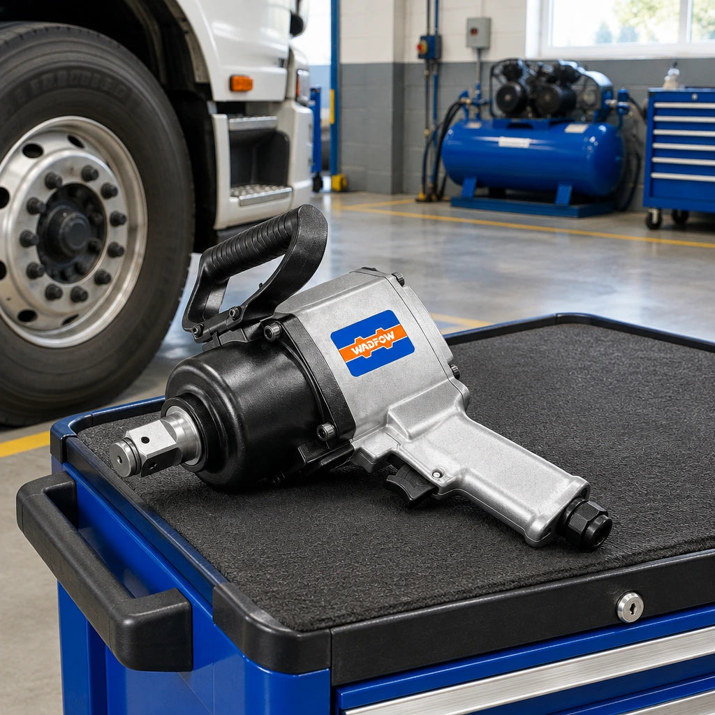 Wadfow heavy-duty air impact wrench resting on a tool cart in an organised commercial truck-service bay