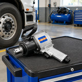 Wadfow heavy-duty air impact wrench resting on a tool cart in an organised commercial truck-service bay