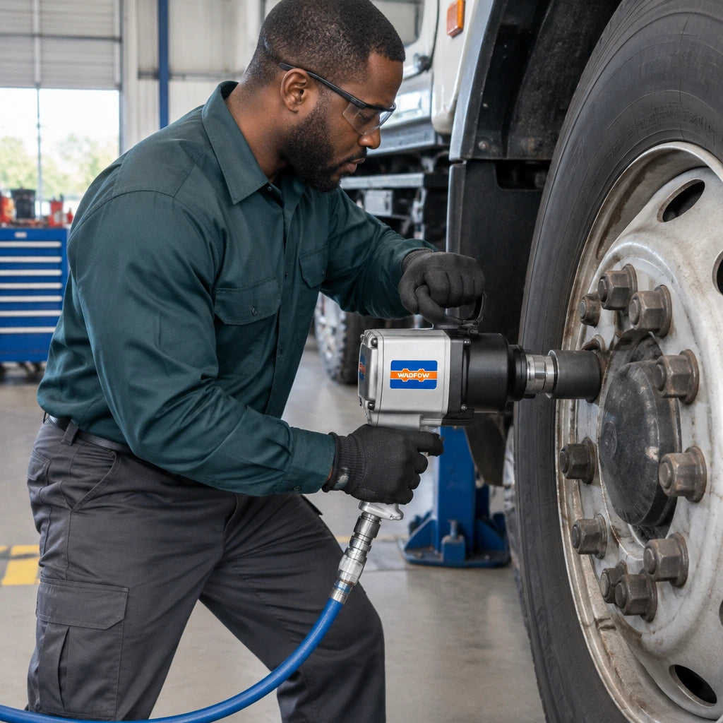 Technician using a Wadfow 3/4-inch pneumatic impact wrench to loosen a large truck wheel fastener