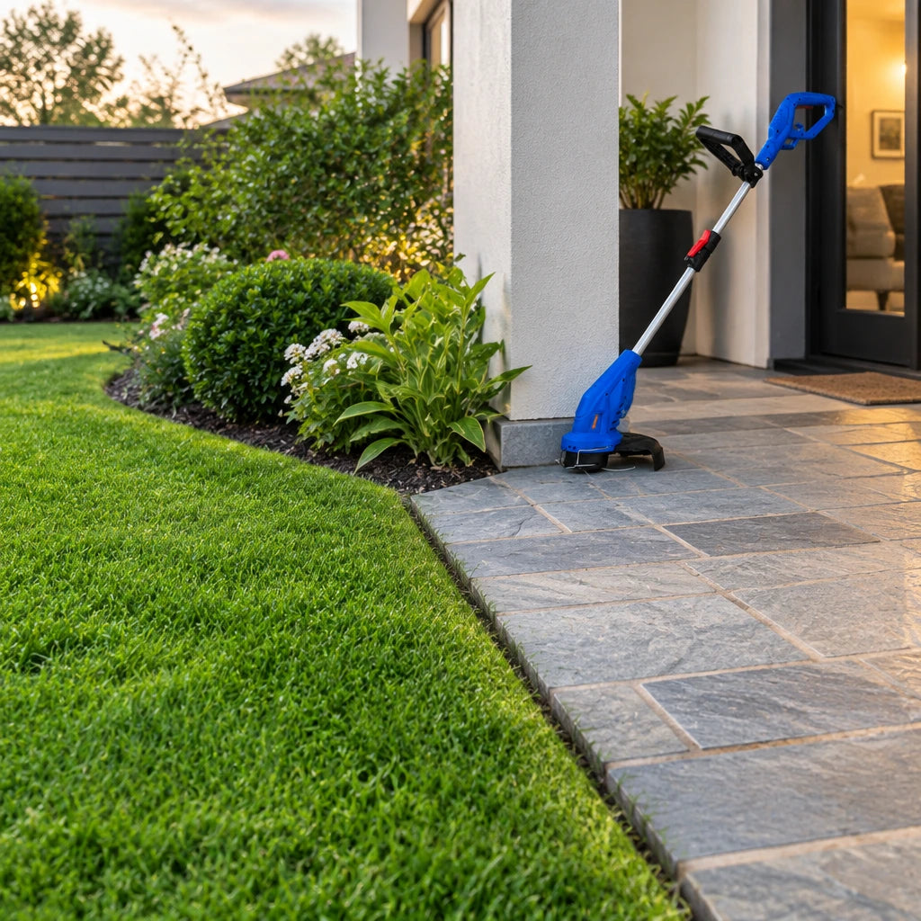 Neatly trimmed lawn edge beside a stone garden path with the Wadfow WXM3512 grass trimmer resting nearby