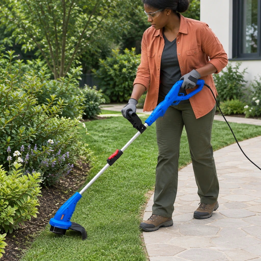 African American gardener using the Wadfow WXM3512 corded grass trimmer along a stone garden path