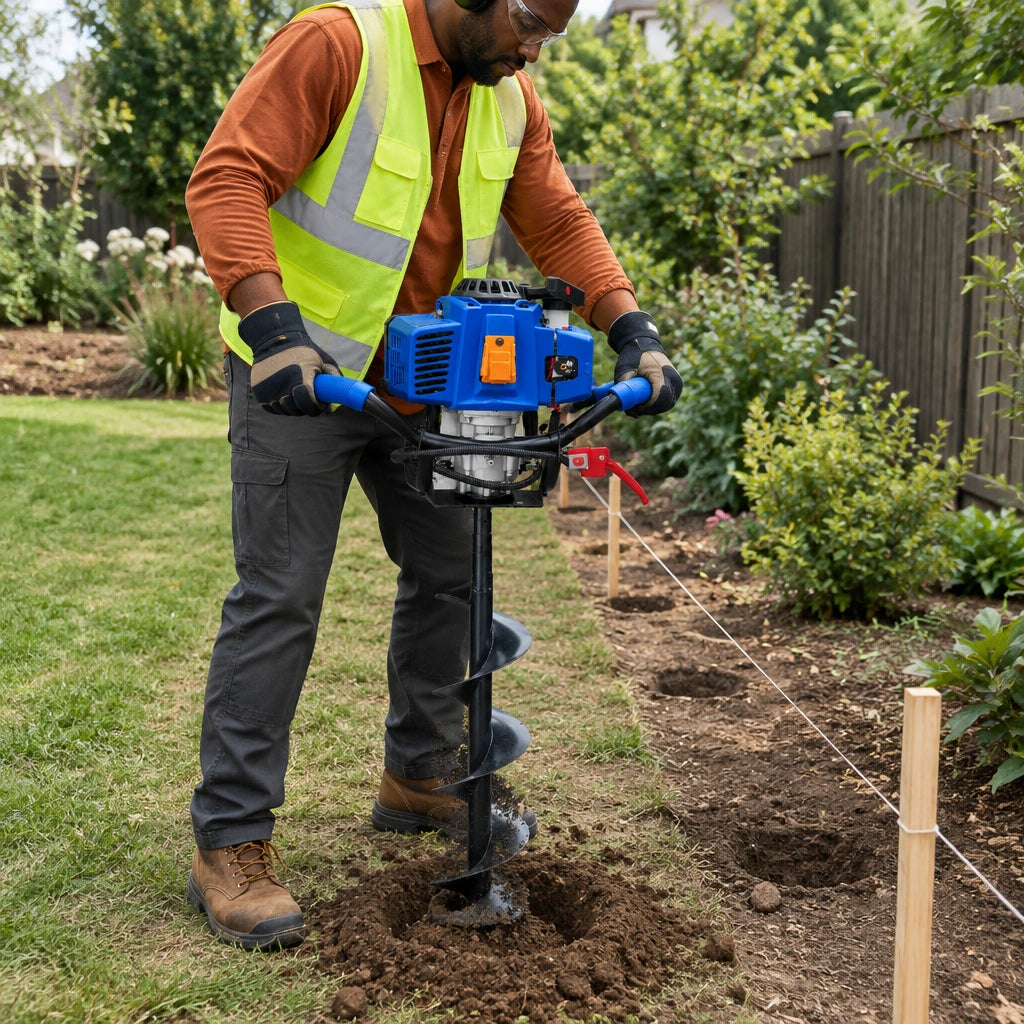 African American grounds worker using a Wadfow 62cc earth auger power head to bore a post hole in garden soil