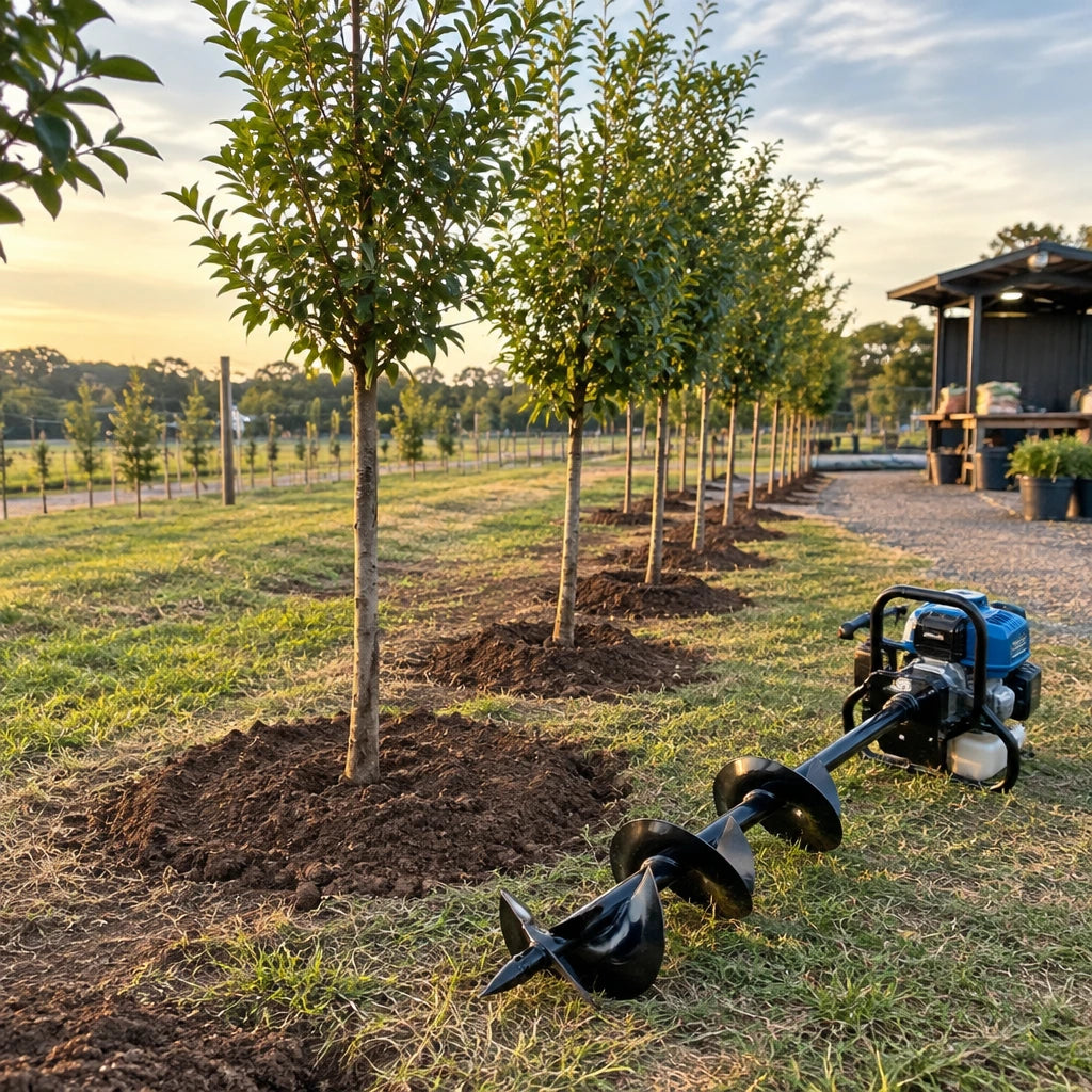 Newly planted young trees beside the inactive Wadfow WDZ1A62-2 earth auger bit at a commercial nursery