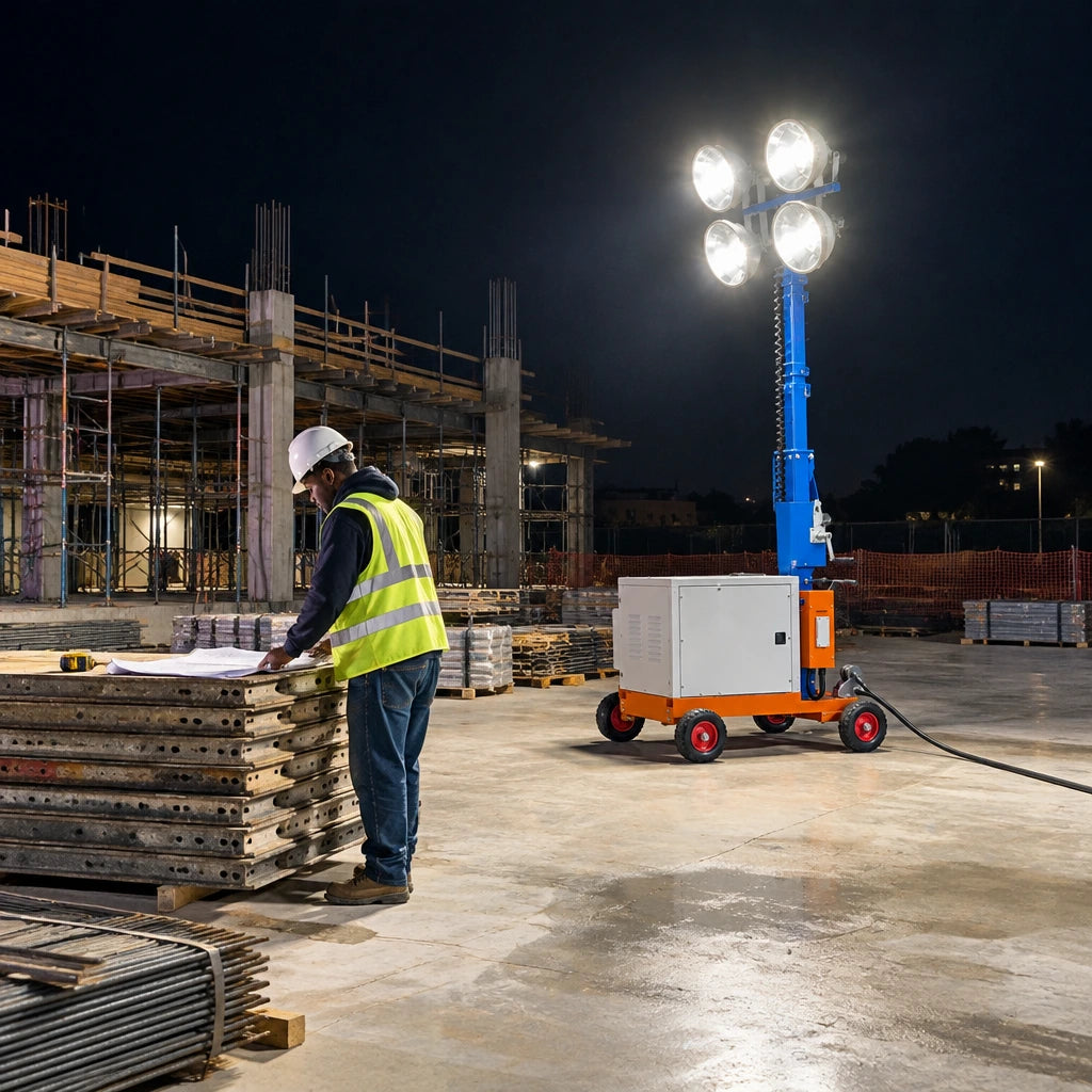 Wadfow four-lamp mobile light tower illuminating an orderly commercial construction work zone at night