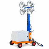 Wadfow WMLT4Q40 four-lamp 400W metal-halide mobile light tower with raised 4.5m manual mast and wheeled orange chassis on white background