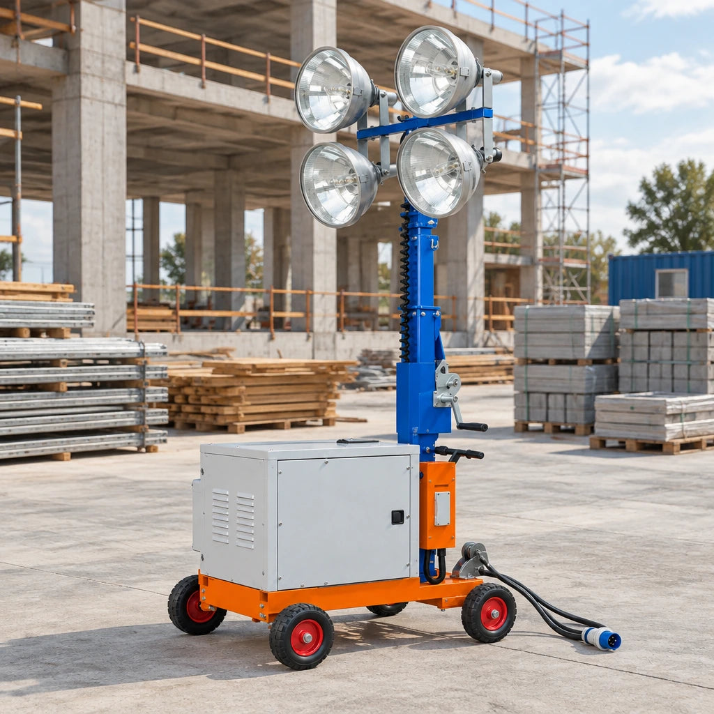Wadfow mobile metal-halide light tower parked in an organised contemporary construction-site staging area with its mast lowered