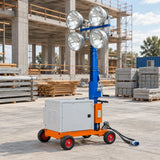 Wadfow mobile metal-halide light tower parked in an organised contemporary construction-site staging area with its mast lowered