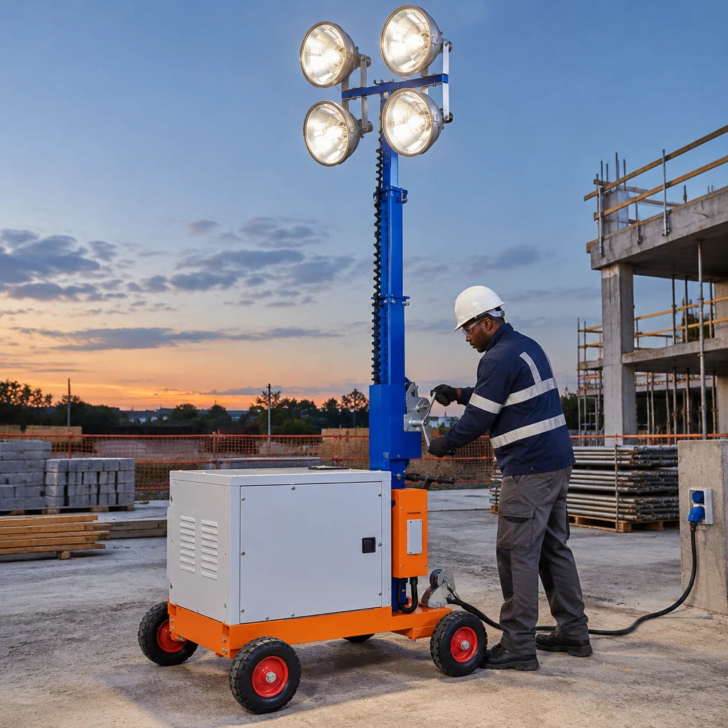 African American construction lighting technician raising the Wadfow four-lamp mobile light tower mast with its manual winch at dusk