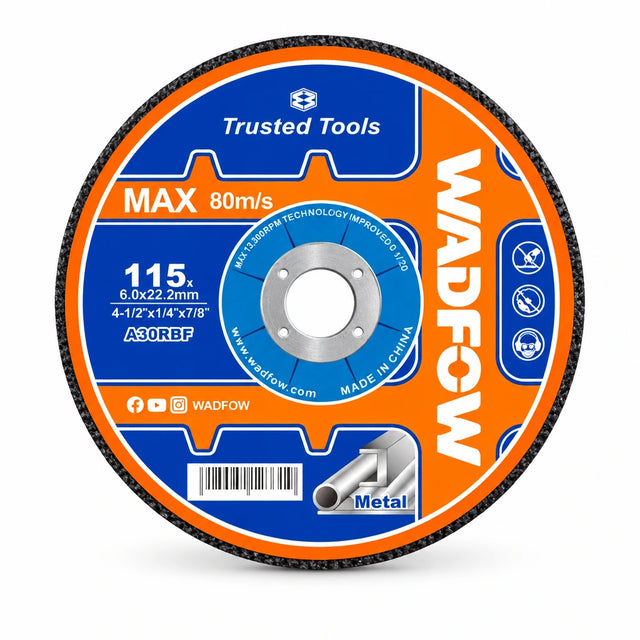 Wadfow WAC1347 115mm depressed-centre metal grinding disc with 22.2mm bore on a white background