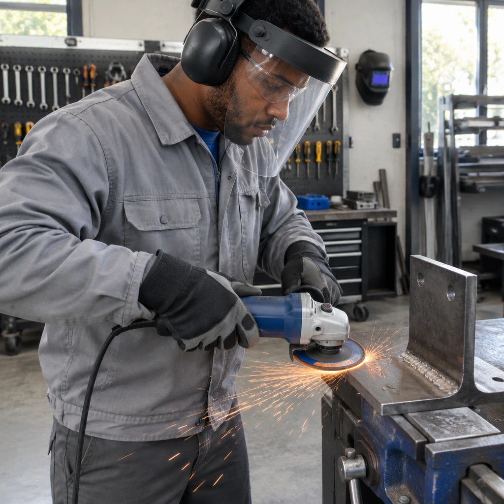 African American metal-fabrication specialist using a Wadfow WAC1347 disc on an angle grinder to dress a steel weld