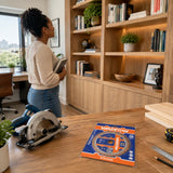 Finished built-in timber shelving with the inactive compatible saw and Wadfow 185mm wood blade nearby.