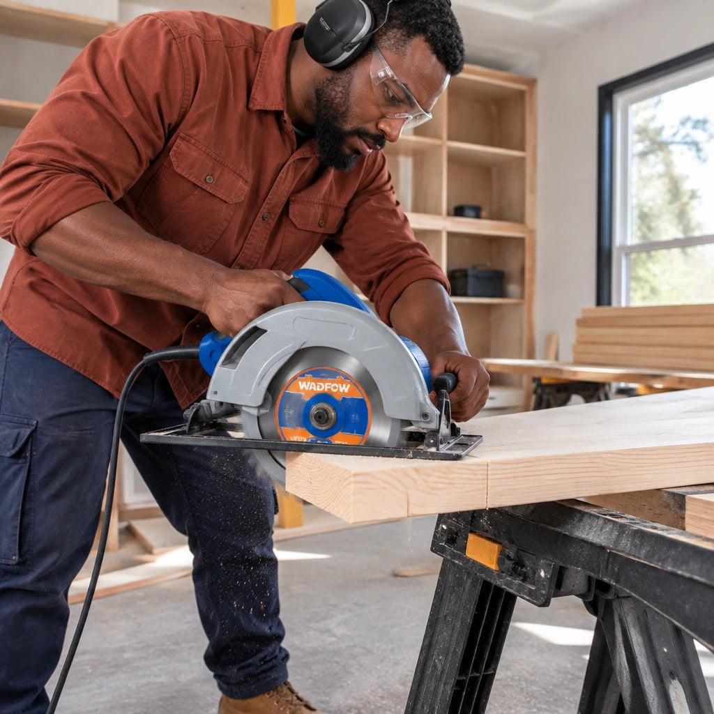 African American carpenter using a compatible circular saw fitted with a Wadfow 185mm 40T blade to cut supported timber.