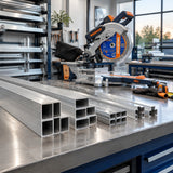 Precisely cut aluminium sections ready for assembly beside a compatible mitre saw fitted with a Wadfow TCT blade