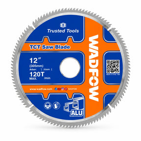 Wadfow 305mm 120T aluminium-cutting TCT mitre saw blade on white background with blue and orange graphics
