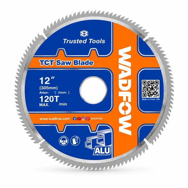 Wadfow 305mm 120T aluminium-cutting TCT mitre saw blade on white background with blue and orange graphics