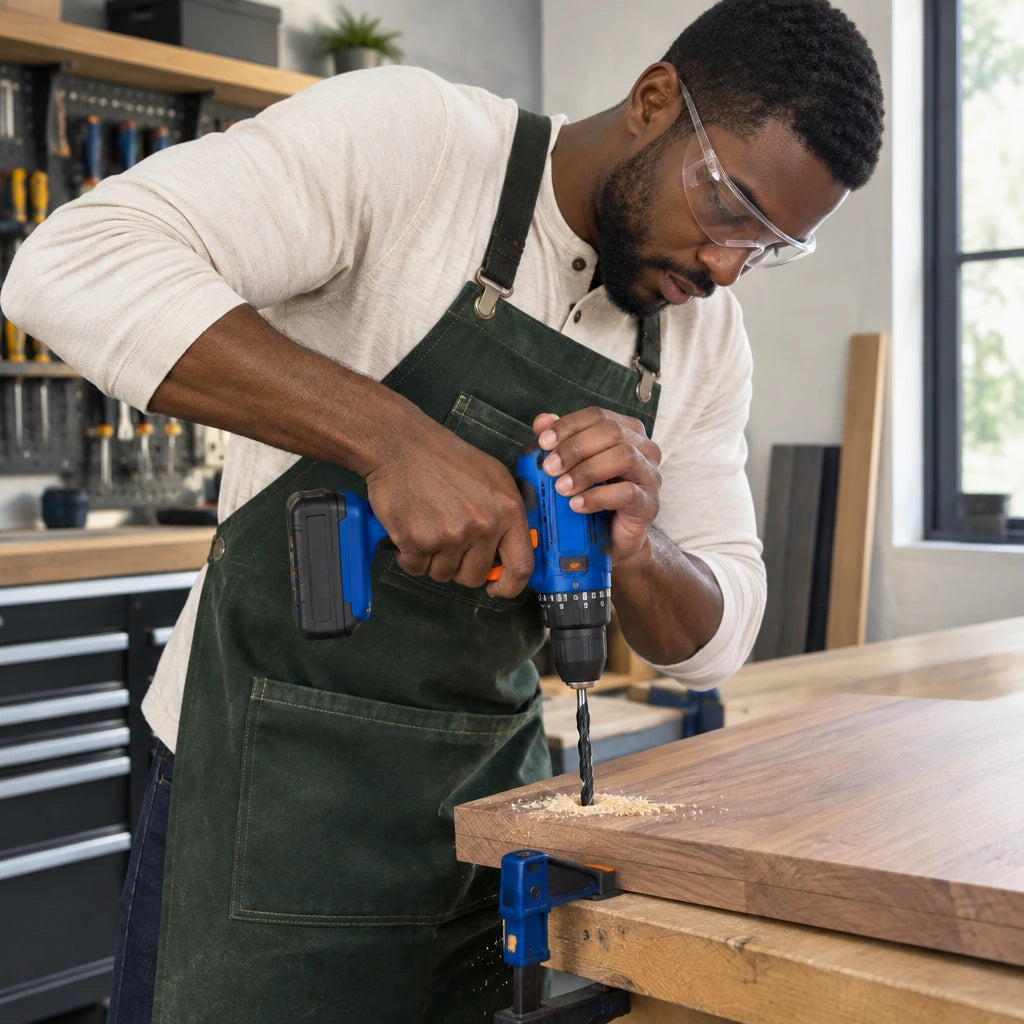 African American furniture installer using a Wadfow 10mm wood twist drill bit to drill a hardwood cabinet panel