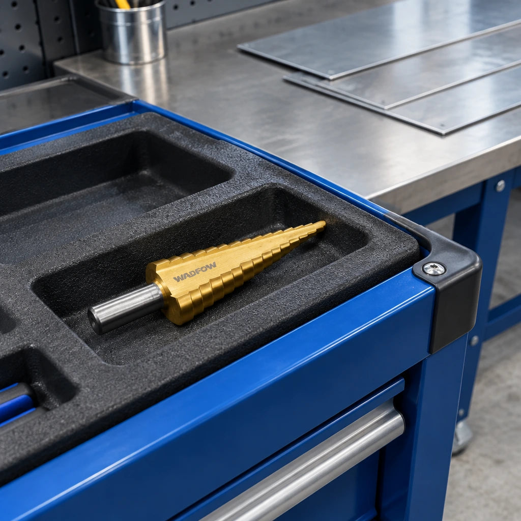 Wadfow WJD1403 step drill bit resting in an organised metal-fabrication tool cart
