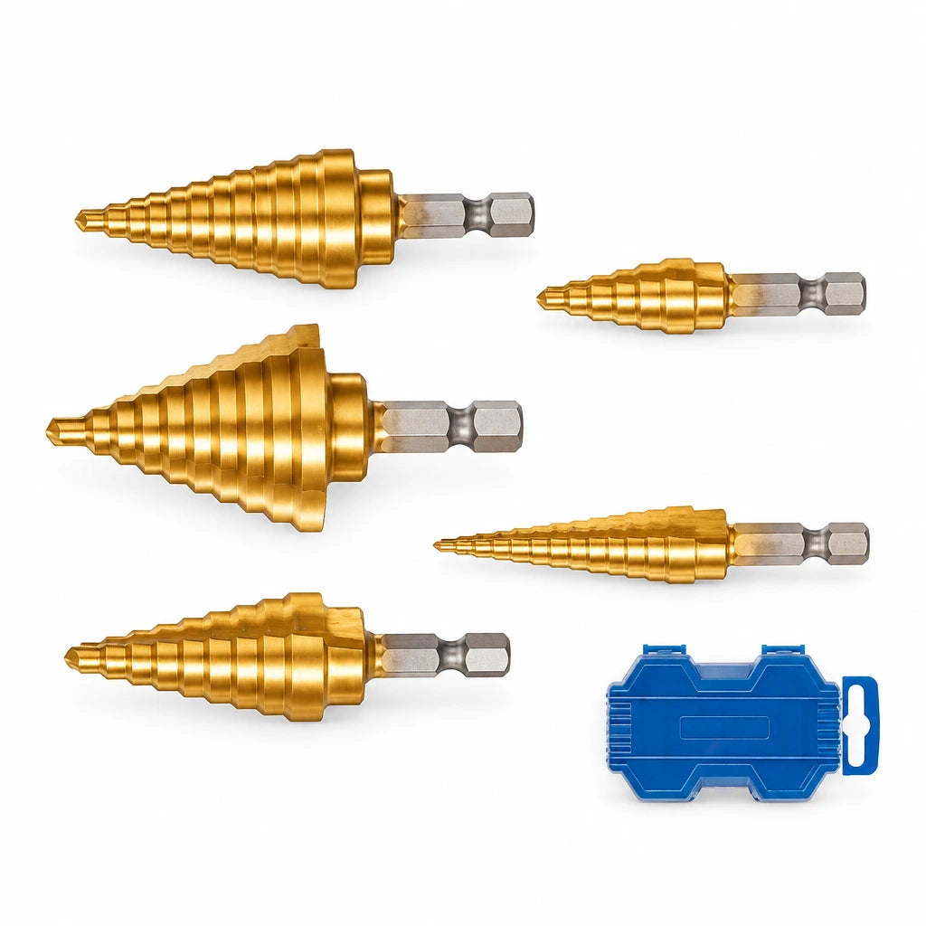 Wadfow WJD3405 five-piece step drill bit set with five gold stepped bits and blue storage case on a white background