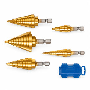 Wadfow WJD3405 five-piece step drill bit set with five gold stepped bits and blue storage case on a white background