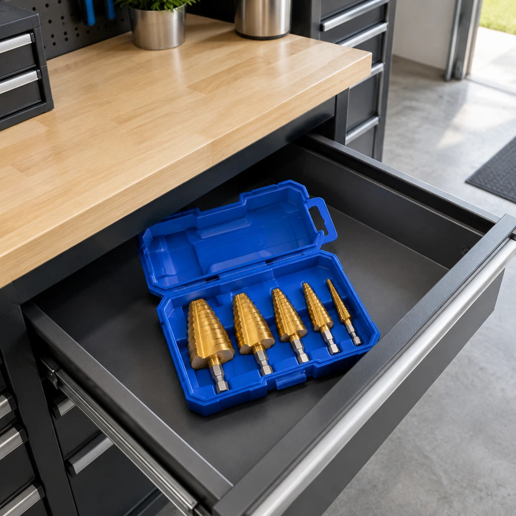 Wadfow five-piece step drill bit set resting in its blue case inside an organised garage workshop drawer