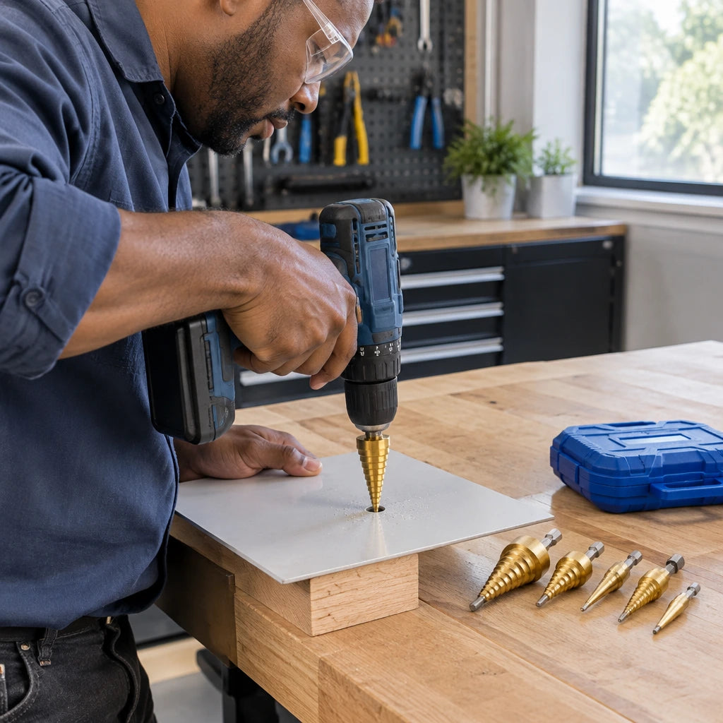 African American workshop user enlarging a panel opening with a Wadfow WJD3405 step drill bit in a compatible drill