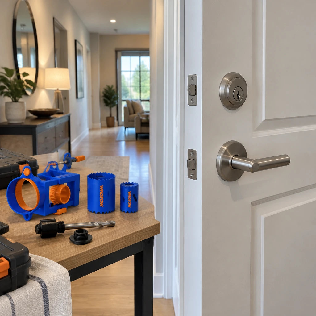Finished contemporary interior door with installed lock hardware and the Wadfow WKJ2404 hole saw set resting nearby