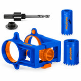 Wadfow WKJ2404 four-piece door-lock installation hole saw set with 25mm and 54mm cutters, arbor, adapter and plastic guide on white