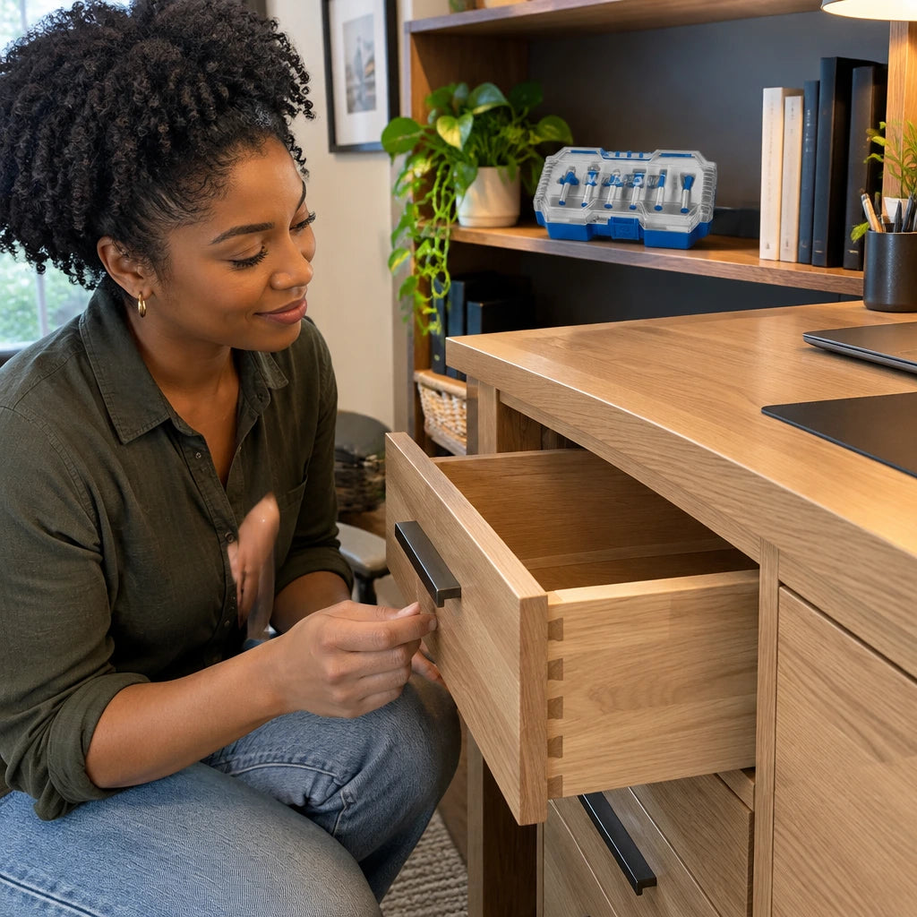 Finished custom timber drawer with routed edges and dovetail joinery in a contemporary home office, with the Wadfow router bit set nearby.