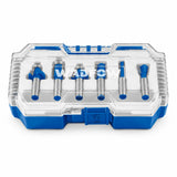 Wadfow WRKSR0106 six-piece 6 mm router bit set in clear blue storage case on white background.