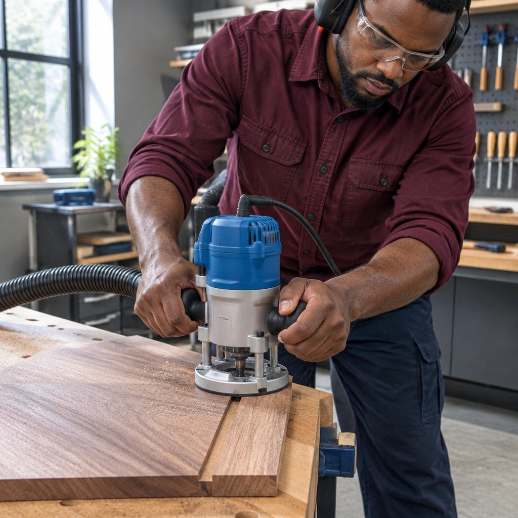 African American cabinetmaker using a compatible router with a Wadfow straight bit to cut a groove in a supported hardwood panel.