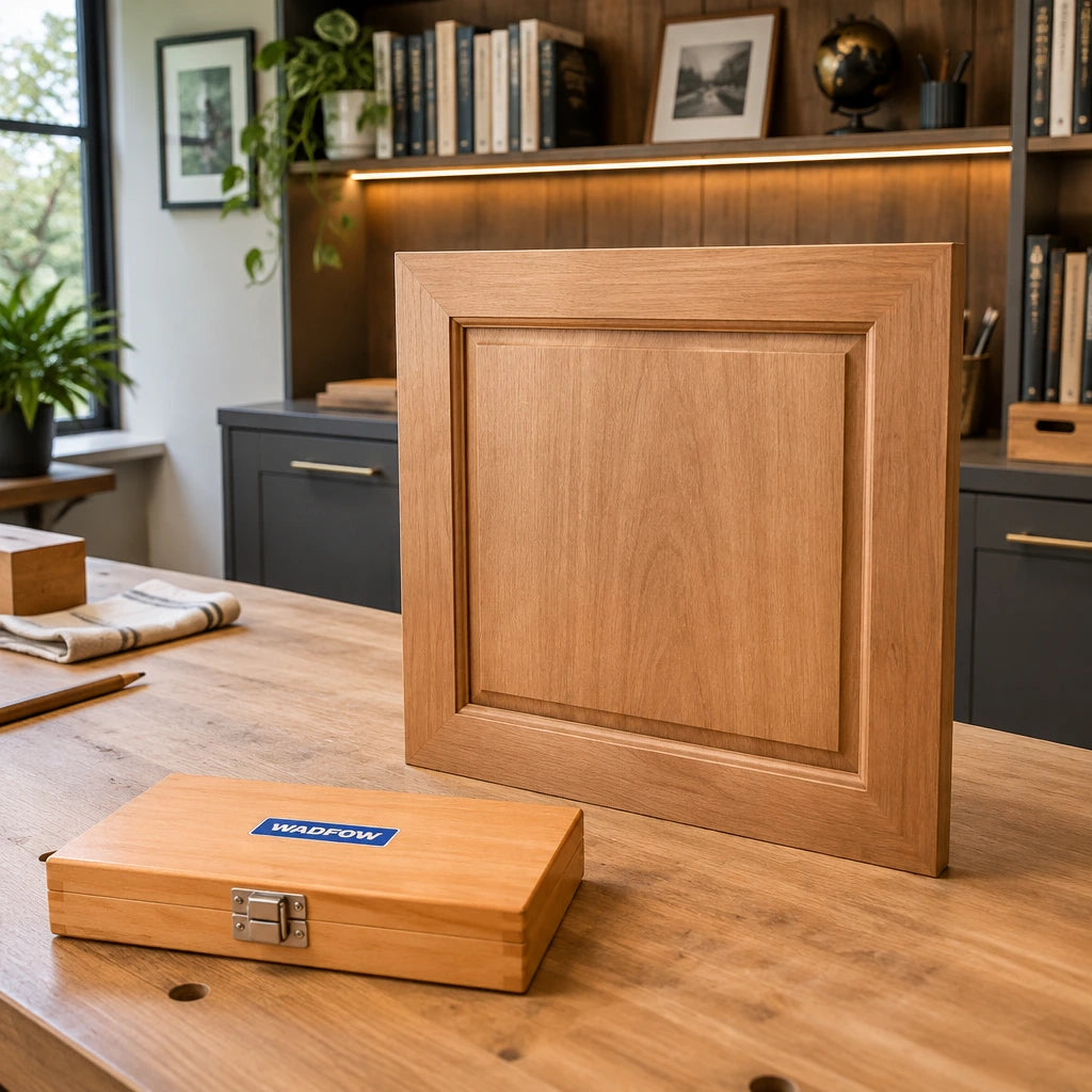 Finished routed hardwood cabinet panel with the closed Wadfow 15-piece router bit case nearby in a home workshop