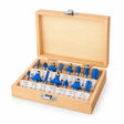 Wadfow 15-piece router bit set with blue cutters displayed in an open wooden storage case on white background