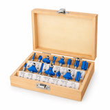 Wadfow 15-piece router bit set with blue cutters displayed in an open wooden storage case on white background