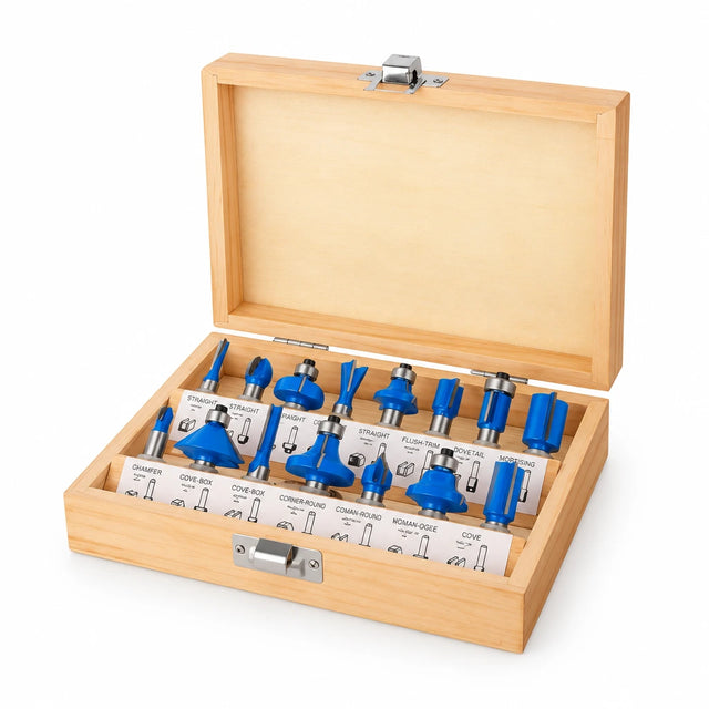 Wadfow 15-piece router bit set with blue cutters displayed in an open wooden storage case on white background