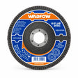 Wadfow 115mm P40 flap disc for steel and cast iron with branded face and abrasive flap construction on white background