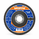 Wadfow 115mm P40 flap disc for steel and cast iron with branded face and abrasive flap construction on white background