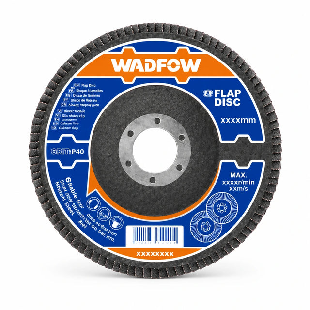 Wadfow 115mm P40 flap disc for steel and cast iron with branded face and abrasive flap construction on white background