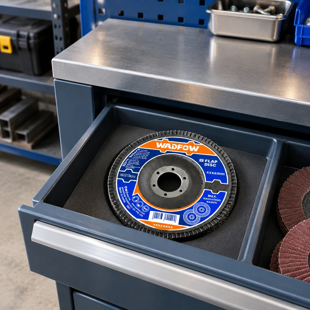 Unused Wadfow 115mm P40 flap disc stored in an organised metal fabrication workshop consumables area